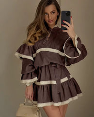 Casual Loose Stand Collar Long Sleeve Elegant Classic Pleated Mini Dresses
