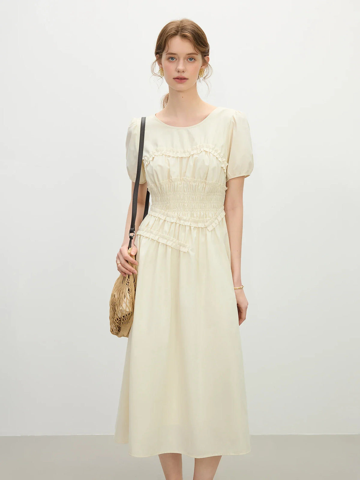 Elegant O-Neck Short Sleeve Hepburn Style Holiday Midi Dress