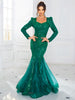 Elegant Full Sleeved Patchwork V Neck Fishtail Sparkle Sequined Evening Party Maxi Dress