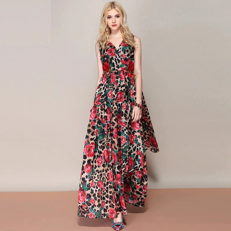 Floral Leopard Print Shawl Maxi Dress