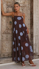 Melinda Mesh Maxi Dress - Brown / Blue Polka Dot