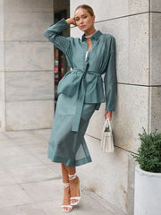 Elegant Long Sleeve Shirt With High Waist Midi Slit Skirt Two Piece Set