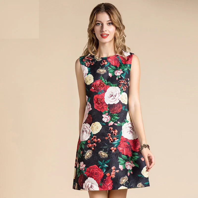 Vintage Rose Flowers Print Beading Mini Dress
