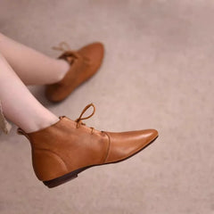 Ankle Boots Solid Color Leather Autumn Pointed Toe Lace-up Flat Boots for Casual Retro Sewing Shoes