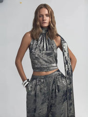 Casual Sleeveless Tank Top With High Waist Wide Pants Two Piece Sets