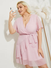 Plus Size V-neck Polka Dot Belt Design Ruffle Trim Midi Dress