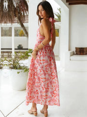 Floral Print V Neck Sleeveless Backless Long Dress