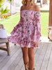 Casual Slash Neck Flare Sleeve Chic Ruffles Patchwork Printed Mini Dress