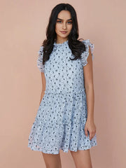 Floral Print Tiered Lace Ruffle Sleeve Midi Dress