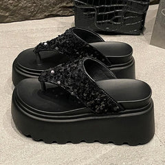 8 Cm Waterproof Platform Bling Designer Brand Flip-flops Clip Toe Platform Sandals Comfortable Beach Shoes