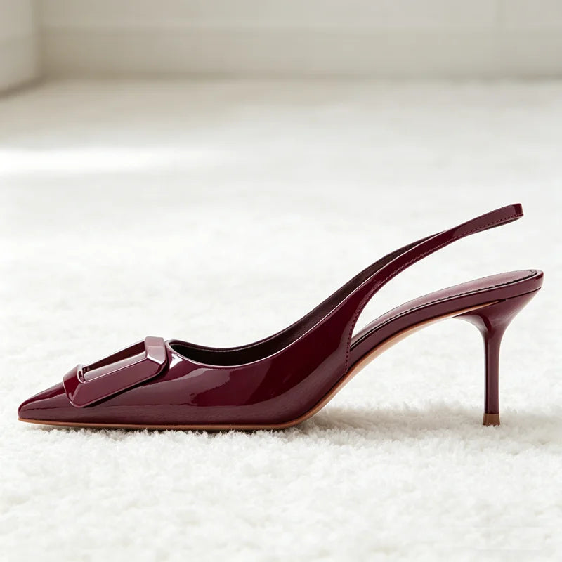 Pointed Toe Patent Leather Pumps Cozy Elastic Strap Slingback Design Stiletto Heel