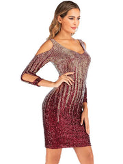 Contrast Color Sequins Long Sleeve Cocktail Dresses