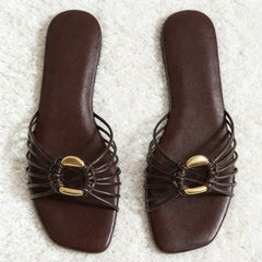 Brown Narrow-Strap Woven Design Flat Slippers Light Comfortable Sandals for Wome Metal Decorations Beach Shoes