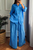 Casual Cotton And Hemp Commuting Style Loose Collar Top Wide Leg Pants Two Piece Set