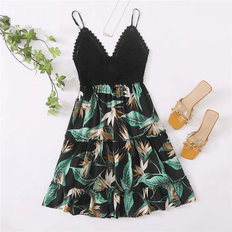 Backless V Neck High Waist Cami Boho Short Dresses