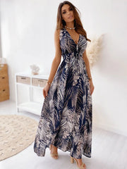 Maxi Dresses Sleeveless Printed V-Neck Polyester Floor Length Dress