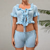 Ruffle Tie Waistless Short Sleeve Top Elegant Beach Vacation Shorts Two Piece Set