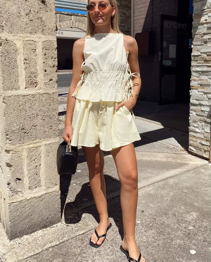 Sleeveless Tank Top With High Waist Loose Cotton Shorts 2 Piece Set