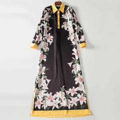 lily Flower Printed Robe Long Sleeve Vintage Maxi Dress