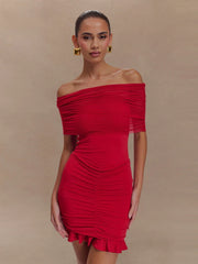 Casual Strapless Flods Patchwork Ruffles Off -Shoulder Pleated Bodycon Mini Dress