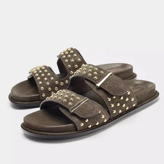 Luxury Metal Rivet Designer Flat Sandals Double Buckle Platform Slippers Outdoor Beach Shoes