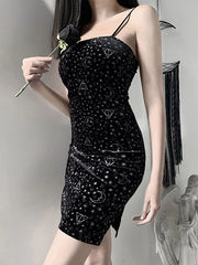 Split Sleeveless Galaxy Geometric Velour Bodycon Short Dress