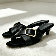 Retro Brown Cross Tied Mules Sandals Belt Buckle Detail Kitten Heel