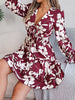 Elegant Flower Print Tie Bow V-Neck Long Sleeved Mini Dress