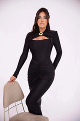 Elegant Pleated Long Sleeved Elastic Tight Bodycon Long Dress