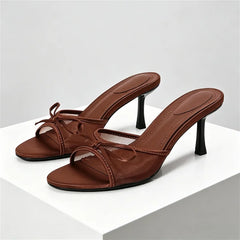 Elegant Brown Mesh Slippers Bow Decoration Slide Sandals Peep Toe Thin High Heel