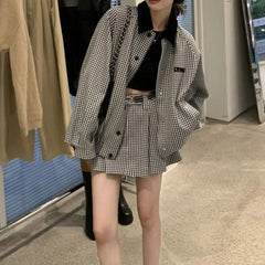 Elegant Trendy Plaid Color Blocking Jacket And A- Line Skirt 2-Piece Set