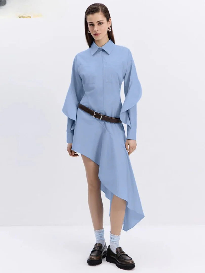 Elegant Classic Irregular Casual Lapel Long Sleeve Midi Dresses
