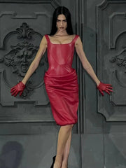 Pleated Square Collar Pu Leather Spaghetti Strap Evening Cocktail Party Dress