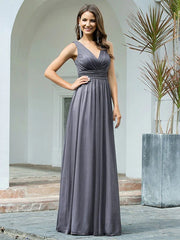 Prom Polyester V-Neck Sleeveless Backless Pleated Dresses