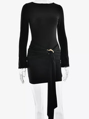 Elegant Ruched Waist Tie Long Sleeve Bodycon Dress