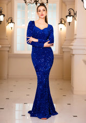 Luxury Long Sleeve Sequin Stretchy Mermaid Prom Floor Length Dress