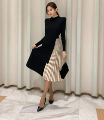Elegant Lace-Up Waist Mid-Length Knitted large Skirt Sweater Dress