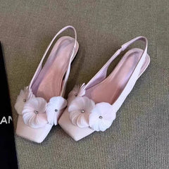 Flower Wrapped Back Trip Sandals Pointed Toe Shallow Mouth One Strap Soft Sole Low Heel
