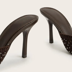 Brown Woven Mesh Slippers Peep-Toe High Heel
