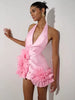 Casual Halter V-neck With Ruffled Flower Detail for Barbie-Inspired Parties Mini Dress