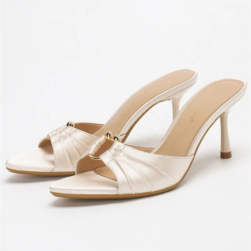 Luxury Metal Buckle Decoration Pleated Design Slippers Pointed Toe Slide Sandals Elegant High Heel