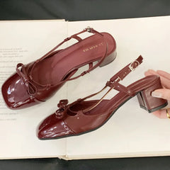 High Quality Bow Belt Buckle Sandals Round Toe Narrow Band Square Heel