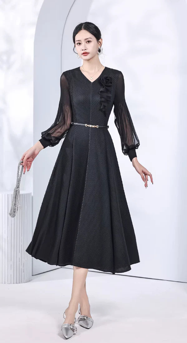Pleated V-Neck Long Sleeve Waist Slimming Plate Flower Slim Skirt Solid Design Dress