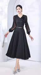 Pleated V-Neck Long Sleeve Waist Slimming Plate Flower Slim Skirt Solid Design Dress