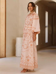 Beach Style Tropical Print Belted Long Long Sleeve Puff Sleeve Maxi Dress