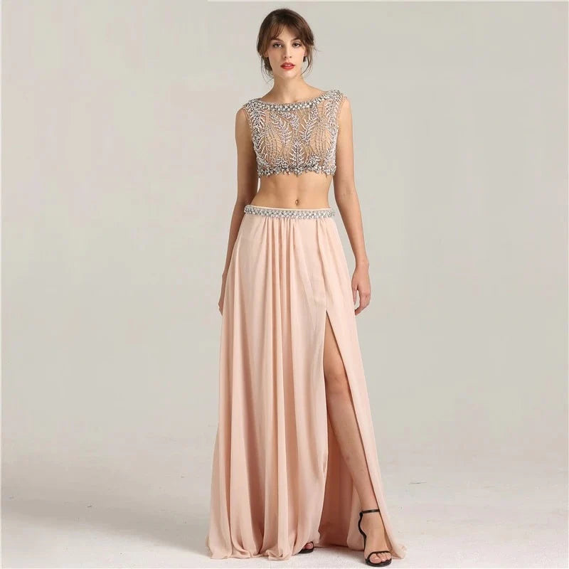 Crop Top Crystal Pearls Two Piece Prom Dress