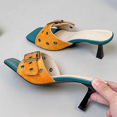 Metal Belt Buckle Designer Slippers Open Toe Thin Heel