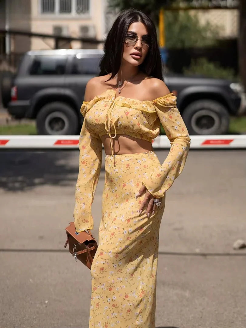 Elegant Loose Print Long Sleeve Crop Top With High Waist Maxi Skirt Set