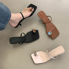CRYSTAL Diamond Square Clip Toe Slippers Hollow Out Thin Low Heel