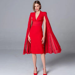 Lace V Neck Batwing Sleeve Celebrity Party Midi Dresses